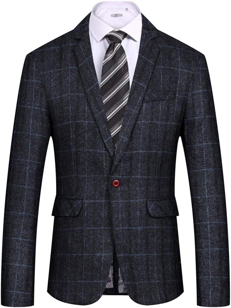 Mens Plaid Suit Jacket Classic Oxford Blazers Slim Fit Formal Dinner Coat one Button Regular Fit Blue