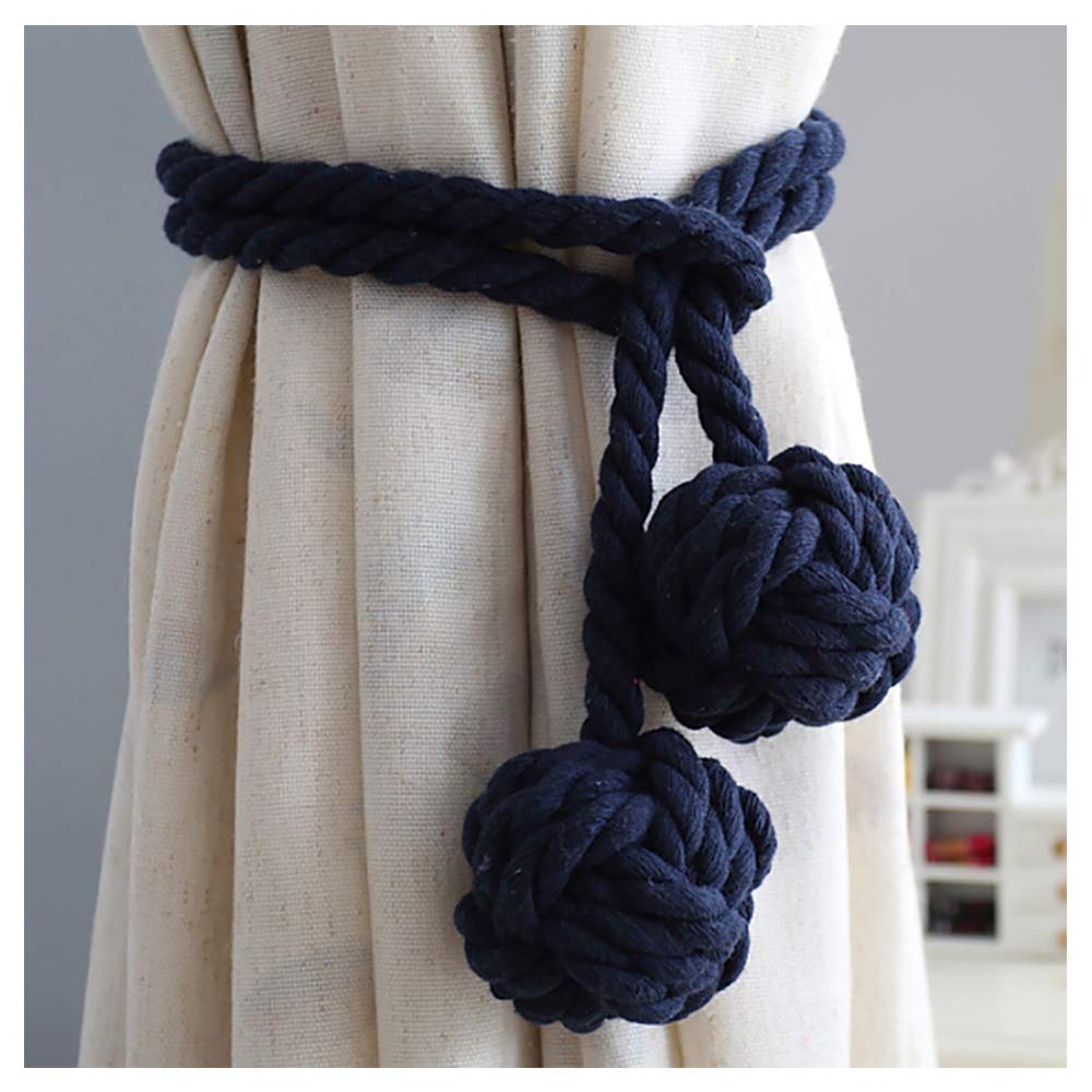 One Pair Of Handmade Curtain Tie Backs, Tied Curtain Clip Tassel Cotton Rope Tie Ball Back Curtain Accessories (Dark blue)