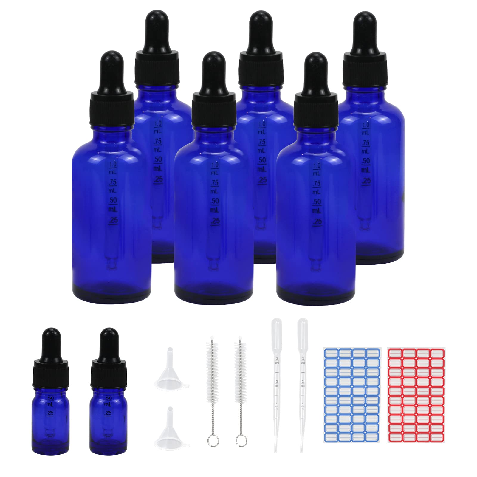 Reyshin 50ml Glass Dropper Bottles, 6 Pack Blue Glass Bottle with Dropper Pipettes Refillable Sample Dropper Bottle for Essential Oil Massage Aromatherapy Eye Drops(50ml blue)