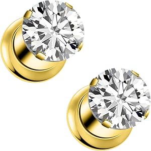 Qiwnswoy 10G-00G Gauges for Ear Surgical Steel Internally Threaded Single Flare Round CZ Screw Fit Flesh Tunnels Plugs Gauges