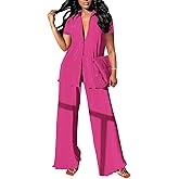 Neyaolk Women Pleated 2 Piece Pants Outfits Casual Loose Button Shirt Blouse Top Long Wide Leg Palazzo Pants Set Jumpsuit