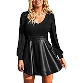 CUPSHE Women's Long Sleeve Fall Mini Dress V Neck High Waist A Line Ruffle Faux Leather Dress