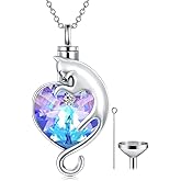 Cat/Dog Urn Necklace for Ashes Sterling Silver Pet Cremation Keepsake Memorial Jewelry for Ashes for Women Girls, Embellished with Crystals from Austria, Personalized Custom Name Bar/Picture