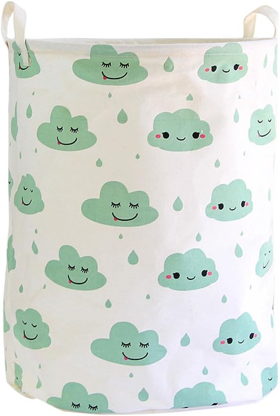 Fieans Large Cotton Baby Storage Basket Foldable Dirty Clothes Hamper Nursery Toys Bins with Handles - Green Clouds, White