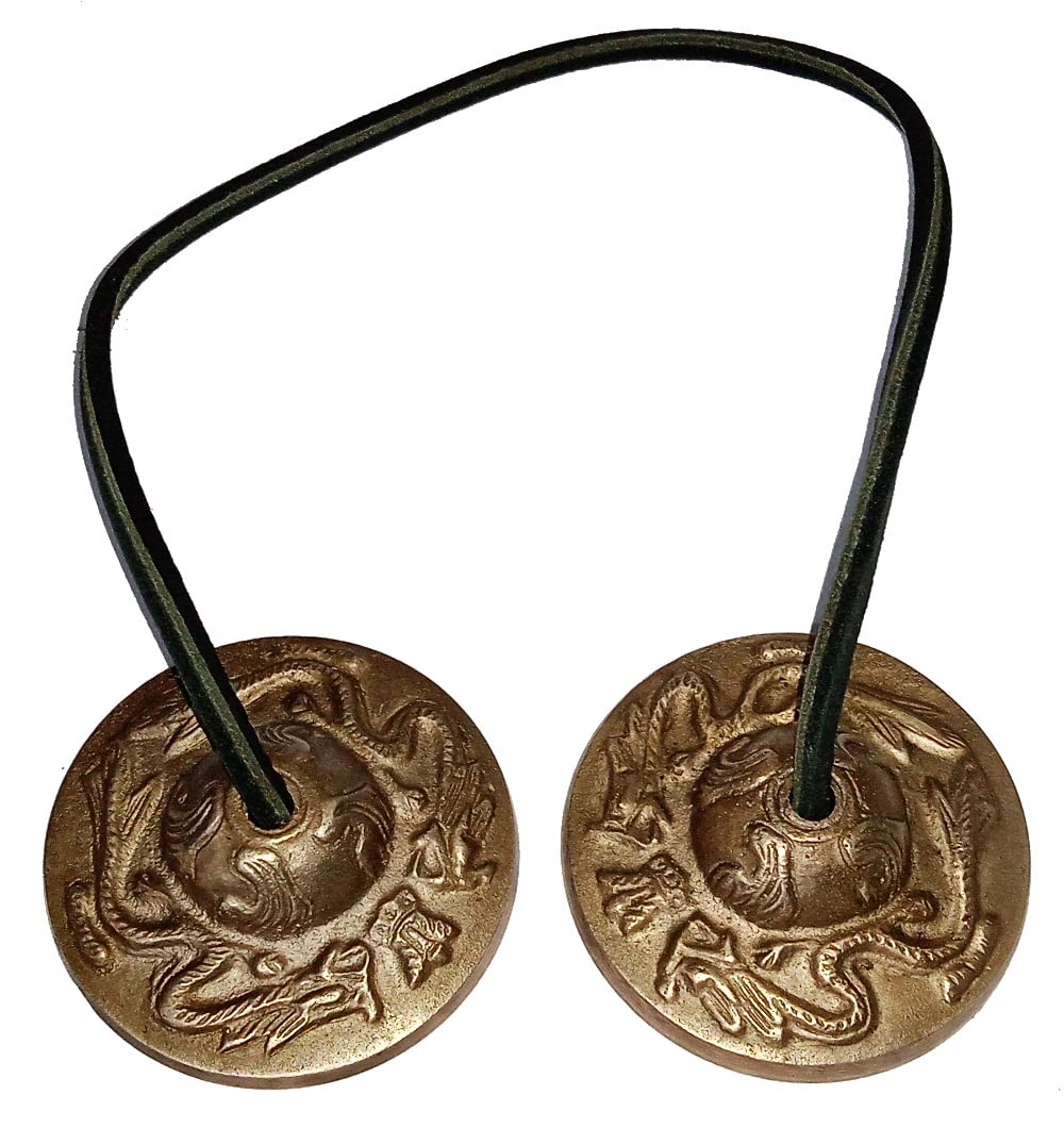 Purpledip Brass Tingsha Bell Holy Dragon: Buddhist Tibetan Handheld Cymbals Chimes Manjeere Musical Instrument For Prayer Meditation, 2.5 Inches (10679A)