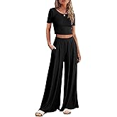 Ekouaer Women's 2 Piece Lounge Sets Short Sleeve Pajama Set Ribbed Knit Crop Top Wide Leg Pants Loungewear S-XXL
