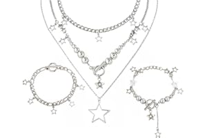 2 Pieces Silver Star Necklace Y2K Jewelry Set Grunge Necklace Kawaii Cute Necklaces Aesthetic Vintage Emo Jewelry