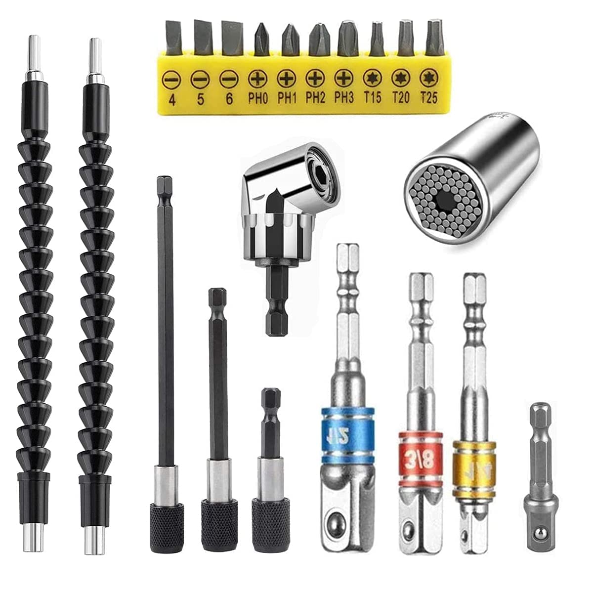 EDIONS 21 PCS Flexible Drill Bit Extension Set, Include 1/2 3/8 1/4 inch Universal Socket Adapter & 105° Right Angle Drill 3pcs Drill Bit Holder & Universal Socket Grip & Screwdriver Bit Kit