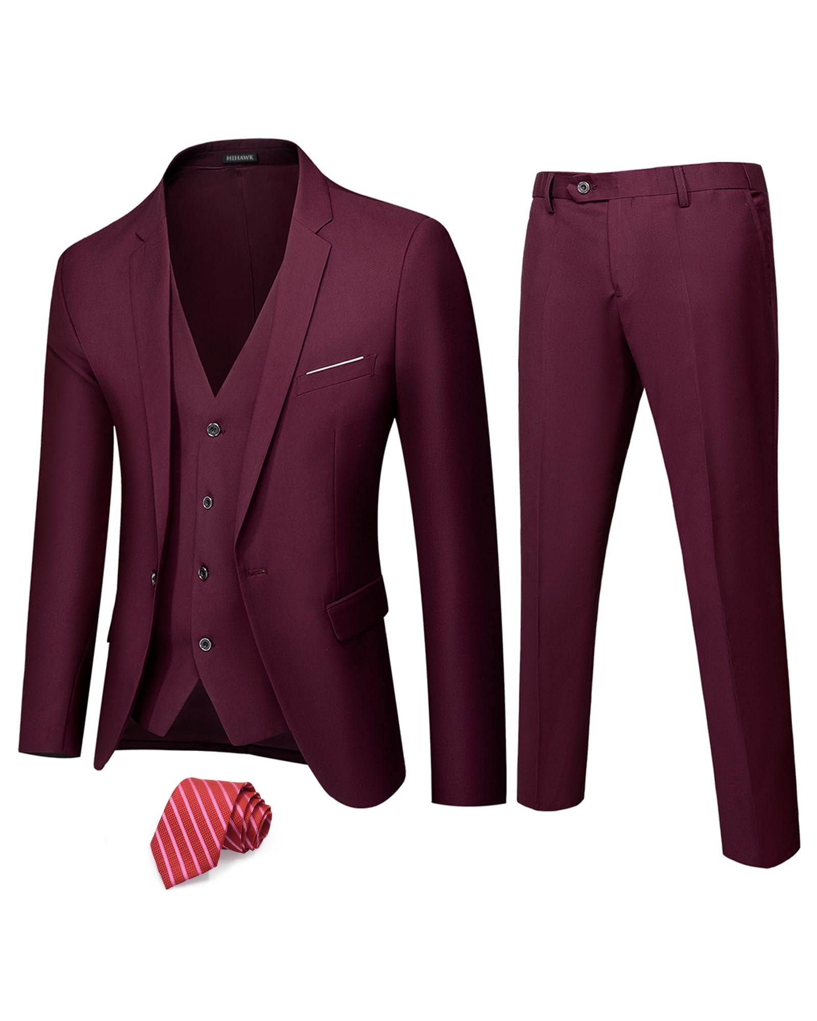 Photo 1 of Hihawk Men's 3 Piece Suit Set with Tie, One Button Solid Slim Fit Jacket Vest & Pants, Suits for Mens Wedding Party Business, Burgundy Small