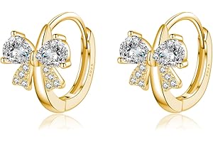 Reffeer Solid 925 Sterling Silver CZ Bow Hoop Earrings for Women Teens Cute Bow Earrings Huggie