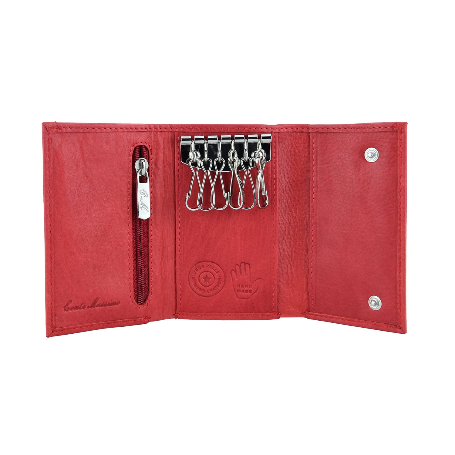 CM Conte Massimo Genuine Leather Key Holder Wallet for Men Women - Red with Coin Pocket & Card Slots