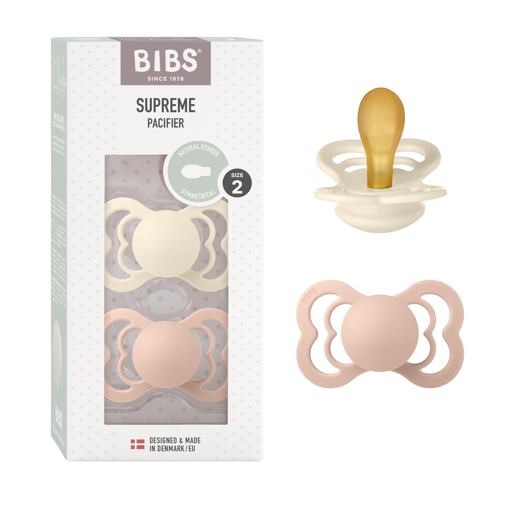BIBS Supreme Soother 2-Pack, BPA Free Dummy Pacifier, Symmetrical Nipple. Natural Rubber Latex, Size 2 (6-18 Months), Ivory/Blush