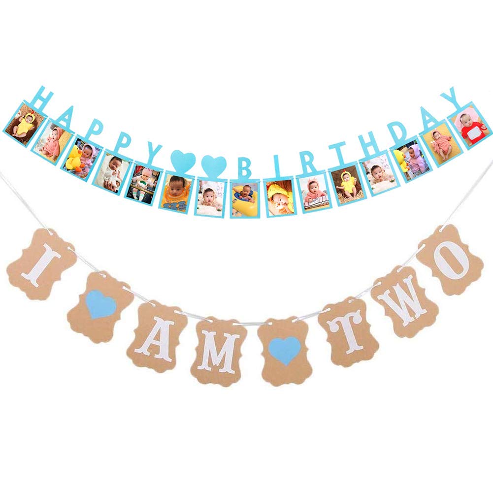Dusenly Happy Birthday Photo Banner - 2nd Birthday Party Bunting Banner for Baby Boy & Girl - Blue