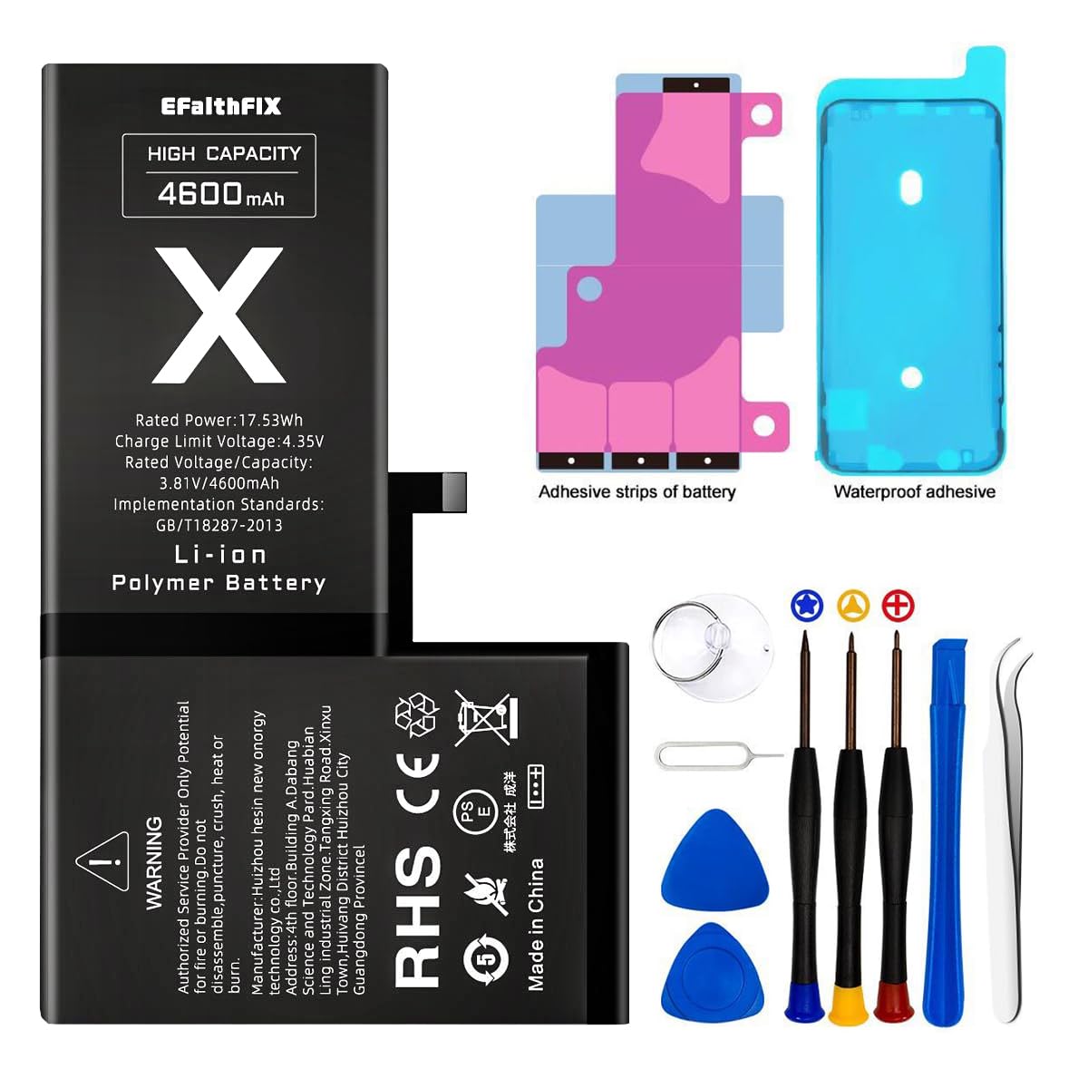 Photo 1 of EFAITHFIX 4600mAh Upgraded Replacement Battery Compatible with iPhone X, High Capacity New 0 Cycle A+ Battery Replacement for iPhone 10, for Model A1865, A1901, A1902 with Complete Repair Tool Kit