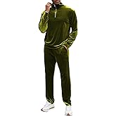 LecGee Men's 2 Piece Long Sleeve Tracksuit Velvet Quarter Zip Shirt Elastic Pant Velour Fall Casual Outfit Sweatsuit Set