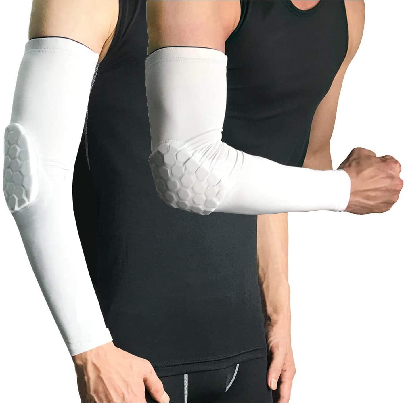 Basketball Elbow Arm Guard Sleeve Padded Compression Protection Elbow Sleeve Padded Arm Sleeve for Football, White(pack of 2), M