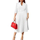 Ekaliy Women's V Neck Business Casual Shirt Dress for Women 3/4 Sleeves Pleated Midi Dresses with Belt