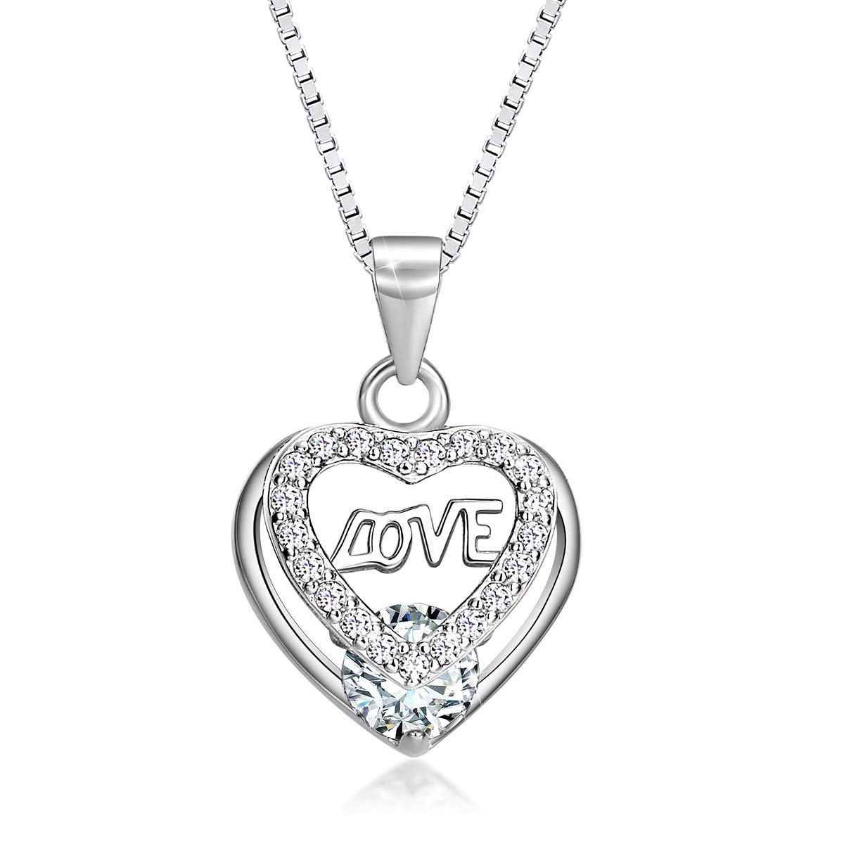 PEARLOVE Love Heart Necklace,925 Sterling Silver Necklace,Heart Pendant with Cubic Zirconia Necklace for Women Girls