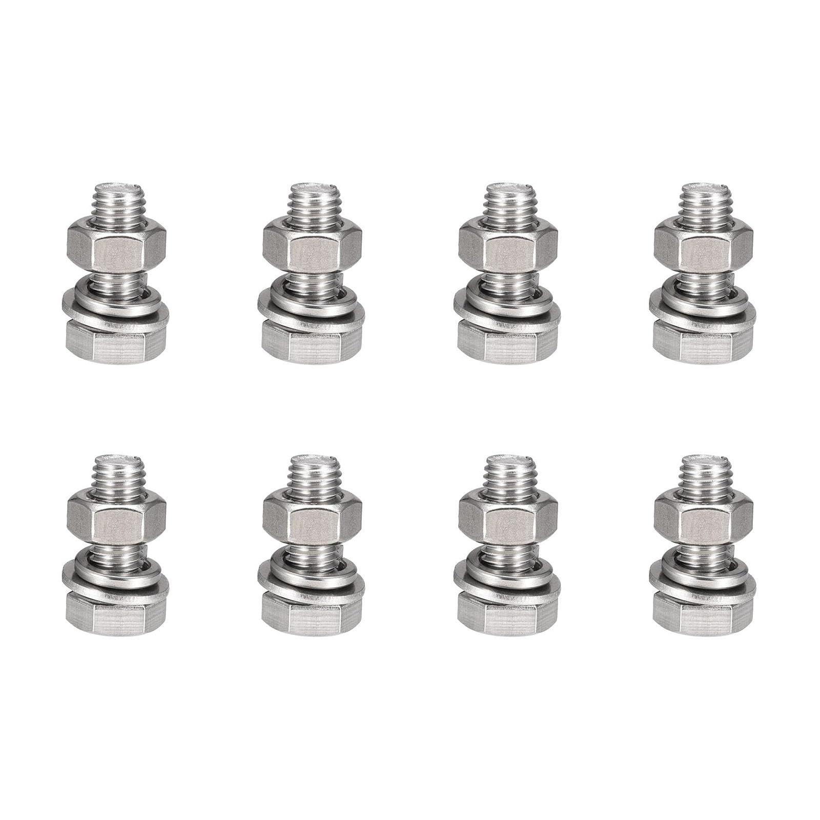 TOP-VIGOR 8Pcs M10 x 25mm Hex Head Screws Bolts, Nuts, Flat & Lock Washers Kits, 304 Stainless Steel Fully Thread Hexagon Bolts for DIY Bike Motorcycles Repair