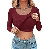 CHICME Women's Fall Long Sleeve Square Neck T Shirts with Built-in Shelf Bra Ribbed Knit Slim Fit Casual Basic Tops
