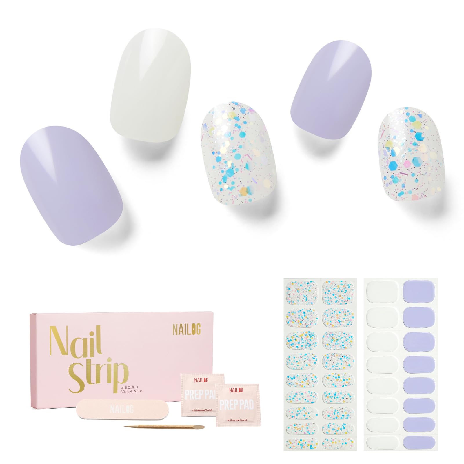 NAILOG Semi Cured Gel Nail Strips, 34 pcs Salon-Quality Gel Nail Stickers, Long Lasting Nail Wraps for Women with Soft Gel Finish, Innocent — image 1