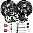 UNI-SHINE 2PCS Round 7 Inch LED Headlights+2PCS 4 Inch LED Fog Lights DOT Approved H6024 JK TJ Hi/Lo Beam Compatible with Jeep Wrangler 1997-2017