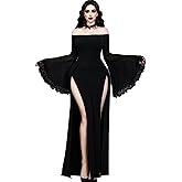 InGoticos Women's Gothic Sexy Retro Lace One-Shoulder High Slit Witch Sleeve Role Play Goth Dress Without Corset
