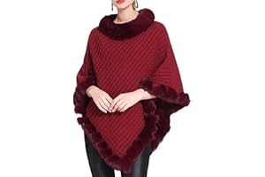 women’s faux fur trim poncho, cape winter coat with Faux Fur Collar and Trim, Warm Knitted Stole Shawl Wraps for Women