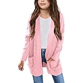 Batermoon Girls' Cardigan Sweaters Kids Cable Knit Casual Oversized Open Front Knitted Outerwear with Pocket