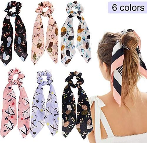 6Pcs Bandana Hair Scrunchies, Satin Silk Elastic Hair Bands Hair Scarf, Vintage Hair Accessories Ropes Ponytail Holder Scrunchy Ties for Women Girls (6Pcs-A-Chiffon scrunchie)