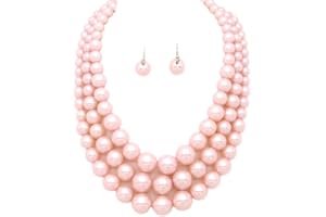 FASHION 21 Women's Simulated Faux Three Multi-Strand Pearl Statement Necklace and Earrings Set
