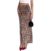 BEAUDRM Women's Y2K Leopard Print Skirts Ruched Side Slit Maxi Skirt Mesh Sheer High Waisted Long Skirt Cheetah Bodycon Skirt