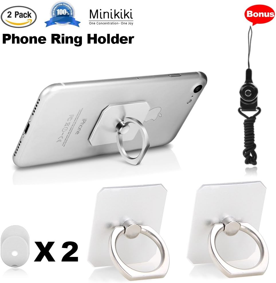 MiniKIKI Phone Finger Holder, 2 Packs Phone Ring Stand Holder, Smartphone Holder, Phone Ring Holder, 360° Rotation Phone Finger Grip, Phone Kickstand, 1 Lanyard As Bonus, for Phone, iPad (Silver)