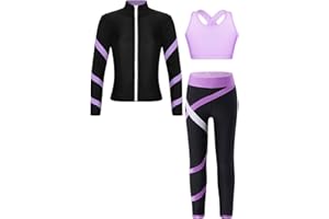 YiZYiF Kids Girls Figure Ice Skating Gym Training Suit Long Sleeve Jacket Sleeveless Crop Top with Skating Pants Set
