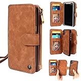 Cornmi iPhone 8 Plus Case, Leather Wallet Case 14 Card Slot Wristlet / Shoulder Strap Flip Stand Zipper Purse Detachable Magnetic Cover for iPhone 8 Plus 5.5 inch (Brown)