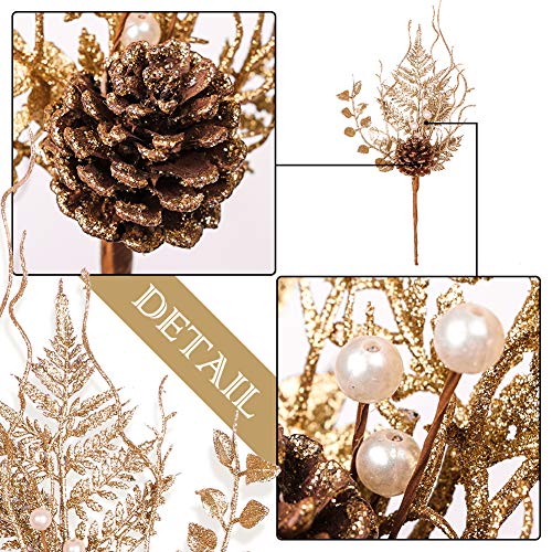 Valery Madelyn 6 Packs Rose Gold Glitter Christmas Picks with Artificial Pine Cone and Leaves for Christmas Flower Arrangements Wreaths and Holiday Decorations