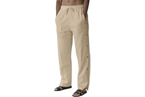 TRFIC Mens Linen Pants Summer Casual Button Straight Beach Pants Baggy Elastic Waist Drawstring Yoga Trousers with Pockets