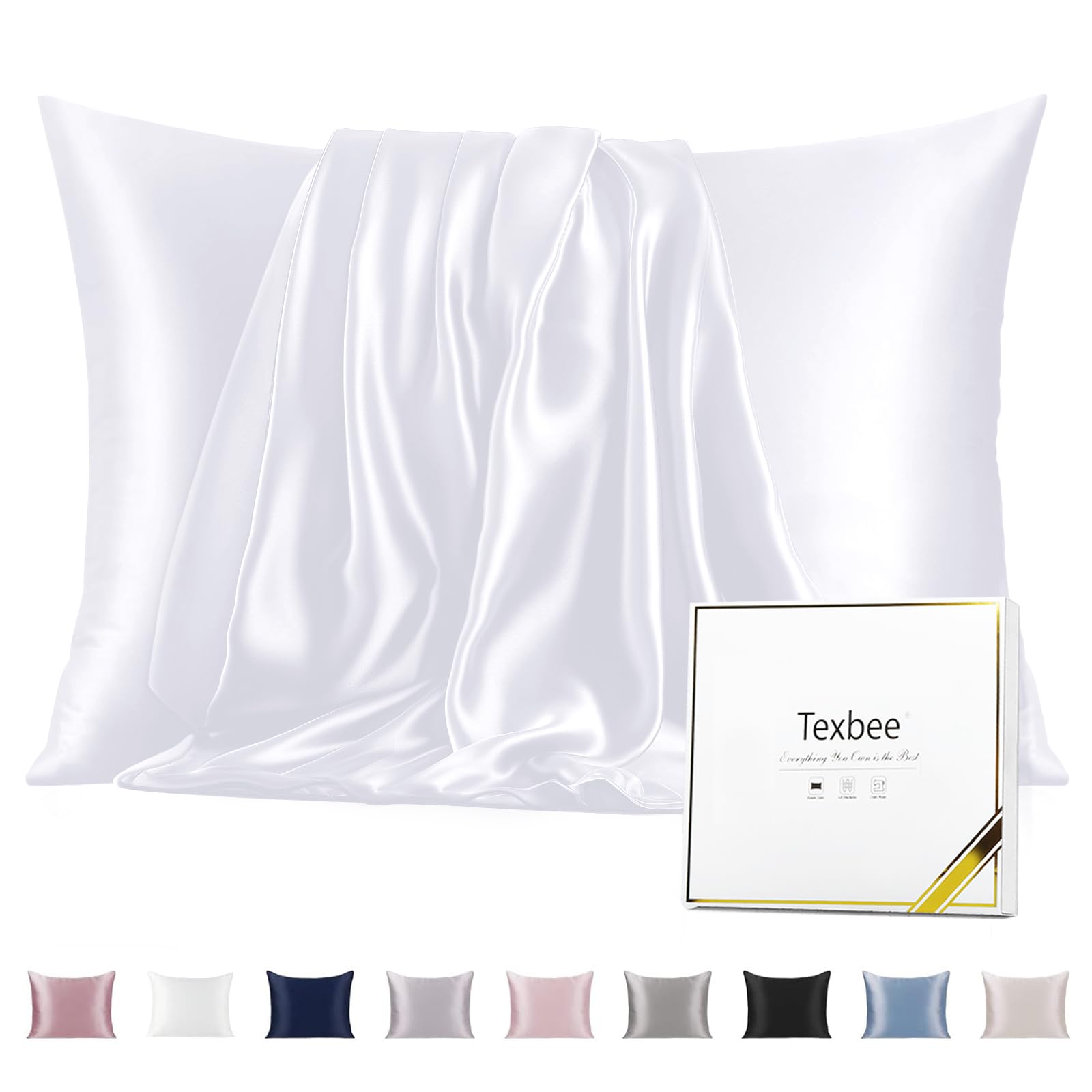 Texbee Silk Pillowcase, 22 Momme Mulberry Silk Pillowcases for Hair and Skin Health, Soft Smooth Breathable Cool Pure Pillow Case for Beauty Sleep, with Gift Box, 1pc (Queen 50x75 cm, Pure White)