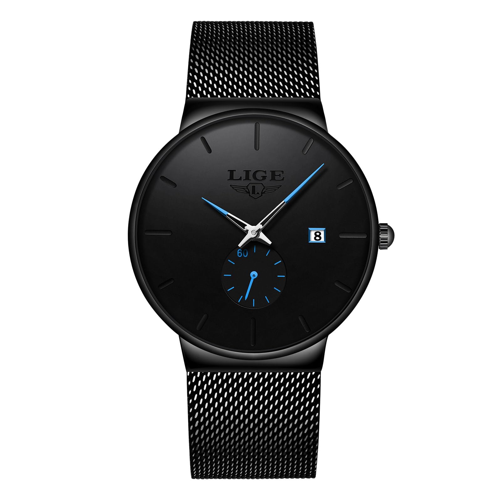 LIGE Men's Watch Ultra-Thin Analog Quartz Waterproof Unisex Watch Fashion Minimalist Black Simple Slim Dress Stainless Steel Mesh Gents Wrist Watches