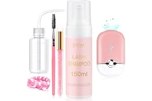 EMEDA Lash Shampoo for Lash Extensions Lash Cleaning Kit 150ml with Lash Fan Dryer Lash Extension Cleanser Oil Free Foam Soap Lash Bath with Rinse Bottle, Brush, Hair Band