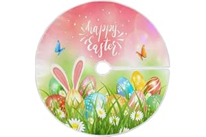 SUABO Easter Eggs Grass Butterflies Tree Skirt 48 Inch,Bunny Ears Xmas Tree Floor Door Mat for Party Decoration Holiday Decor Home Indoor Outdoor