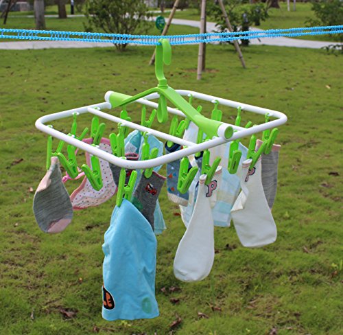 iTOWE Drip Hanger with 20Clip Pegs, Portable Folding Clothes Drying Rack Space Saving Travel Rotatable Clips,Plastic Clothesline Hanging Underwear Socks Laundry Drying Hanger Rack for Home or Outdoor