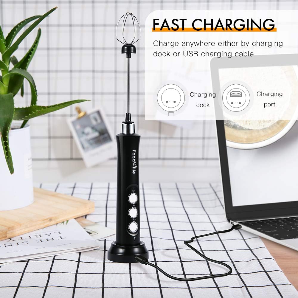 FoodVille MF02 Rechargeable Milk Frother Handheld Foam Maker with Stainless Whisk for Cappuccino, Latte, Bulletproof Coffee, Keto Diet, Protein Powder, Matcha: Kitchen & Dining