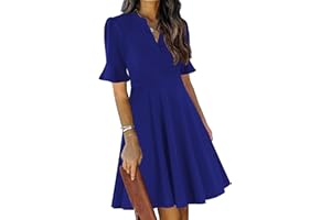 Mokayee Womens Summer V Neck Ruffle Short Sleeve Fit and Flare Knee Length Church Wedding Guest Dresses with Pockets