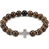 Lavaarite Wood Beaded Cross Bracelet for Men 8mm Stretch Religious Bracelets Valentine's Day Gifts for Him Son Christian Confirmation Graduation Gift First Communion Baptism & Faith Jewelry