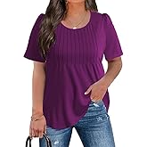 CARRROTMOB Plus Size Womens Summer Tops Puff Short Sleeve Crew Neck Pleated T Shirts Loose Dressy Casual Blouses