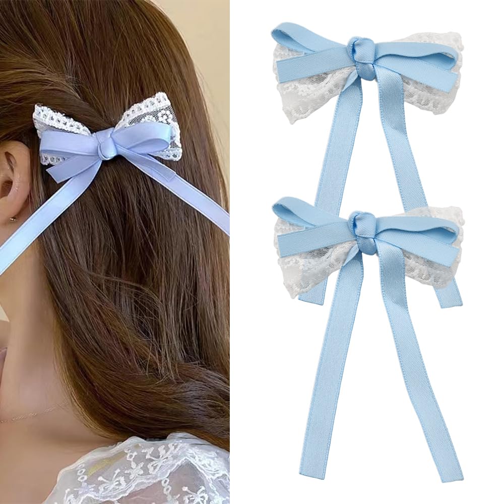 Sisadodo Lace Bow Hair Clip for Women Girls - Blue Ribbon Bowknot Hair Clip - 2 Pack - 2.36 Inch - Women & Girls
