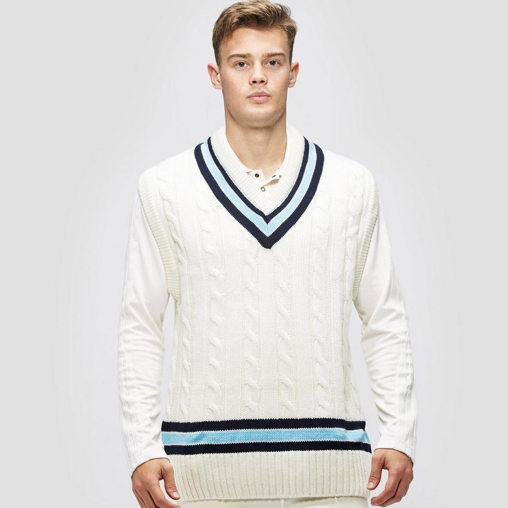 Gunn & Moore GM | Cricket Sweater Jumper Slipover | Classic Heavy Cable Knit | Sleeveless | Cream with Maroon & Amber Trimmed Collar | Medium to fit Chest 38-40"