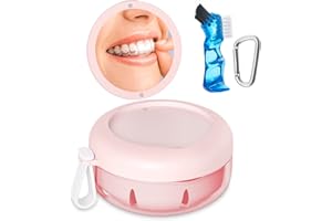 SEANCHEER Denture Bath Case, Denture Cup, Leak Proof Portable Retainer Case, Denture Cleaning Kit with Cleaner Brush, Denture Box with Strainer & Mirror, Denture Case for Aligner Retainer Mouth Guard (Pink)