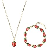 Oubaka 2 Pcs Strawberry Jewelry Set Red Strawberry Necklace Bracelet Cute Food Fruit Charm Jewelry Strawberries Stuffs Fruit Accessories Cute Strawberries Accessories Gifts for Women Her